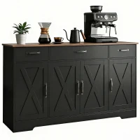 HOMCOM Sideboard Buffet Cabinet, 55" Farmhouse Kitchen Cabinet with 4 Barn Doors, 3 Drawers, 3 Adjustable Shelves, Black(m-11)