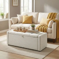 HOMCOM Storage Ottoman Bench, Linen-Look Fabric Upholstered Ottoman with Storage, Wide Padded Seat, Cream White(m-8)