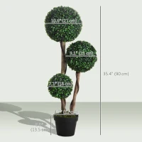 HOMCOM 35 Inch Potted Fake Plant, Artificial Boxwood Topiary Tree, Triple Ball Tree for Indoor and Outdoor, Dark Green(m-3)