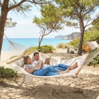 Outsunny Outdoor Hammock Padded Camping Hammock with Pillow & Spreader Bars 200 x 140 cm Cream White(m-9)