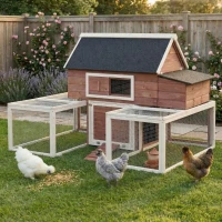 PawHut Wooden Chicken Coop, Outdoor Chicken Cage Poultry Hen House with Nesting Box, Double Runs, Asphalt Roof, Ramp(m-10)