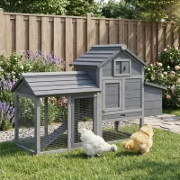 PawHut 59" Small Wooden Chicken coop Hen House Poultry Cage for Outdoor Backyard with 2 Doors, Nesting Box and Removable Tray, Gray(m-2)