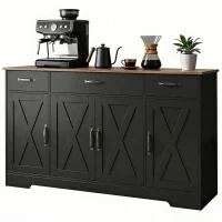 HOMCOM Sideboard Buffet Cabinet, 55" Farmhouse Kitchen Cabinet with 4 Barn Doors, 3 Drawers, 3 Adjustable Shelves, Black(m-2)