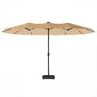 Outsunny Double-sided Patio Umbrella with Base Included & 48 LED Lights 15ft Khaki(m-2)