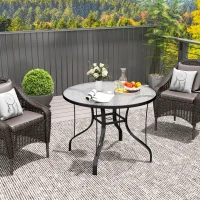 Outsunny 38" Round Patio Table with Umbrella Hole, Tempered Glass Outdoor Dining Table, Black(m-7)