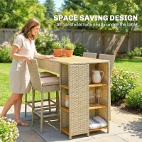 Outsunny 5 Piece Wicker Outdoor Bar Set, Acacia Wood Outdoor High Top Table and Chairs with 3 Tier Shelves, Cushions, Brown(m-9)