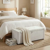 HOMCOM Storage Ottoman Bench, Linen-Look Fabric Upholstered Ottoman with Storage, Wide Padded Seat, Cream White(m-1)