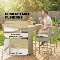 Outsunny 5 Piece Wicker Outdoor Bar Set, Acacia Wood Outdoor High Top Table and Chairs with 3 Tier Shelves, Cushions, Brown(m-7)