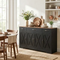 HOMCOM Sideboard Buffet Cabinet, 55" Farmhouse Kitchen Cabinet with 4 Barn Doors, 3 Drawers, 3 Adjustable Shelves, Black(m-1)