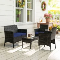 Outsunny 4 Pieces Wicker Outdoor Balcony Furniture Set Rattan Patio Furniture Set with Loveseat Chairs Glass Coffee Table Navy Blue(m-1)