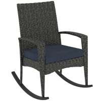Outsunny Outdoor Rocking Chair, Patio Wicker Chair Removable Cushion, High Back and Armrests for Porch Balcony, Navy Blue(m-11)
