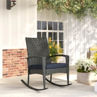Outsunny Outdoor Rocking Chair, Patio Wicker Chair Removable Cushion, High Back and Armrests for Porch Balcony, Navy Blue(m-9)