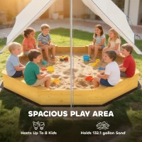 Qaba Wooden Sandbox with Large Canopy, Outdoor Sand Box with 4 Bench Seats, Bottom Liner for 8 Kids Aged 3-8, Yellow(m-4)