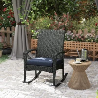 Outsunny Outdoor Rocking Chair, Patio Wicker Chair Removable Cushion, High Back and Armrests for Porch Balcony, Navy Blue(m-8)