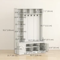 HOMCOM Hall Tree with Bench and Shoe Storage, Entryway Bench with Coat Rack, 12 Shelves, 2 Cabinets, 5 Hooks, White Wood Grain(m-3)