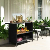 Outsunny Wicker Outdoor Bar Table, PE Rattan Bar Height Patio Table with 2 Shelves, Steel Frame for Garden, Backyard, Black(m-9)
