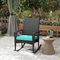 Outsunny Outdoor Rocking Chair, Patio Wicker Chair Removable Cushion, High Back and Armrests for Porch Balcony, Turquoise(m-8)