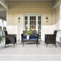 Outsunny 4 Pieces Wicker Outdoor Balcony Furniture Set Rattan Patio Furniture Set with Loveseat Chairs Glass Coffee Table Navy Blue(m-10)