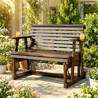 Outsunny Outdoor Glider Bench, Wooden Glider Chair with 2 Cupholders, Slatted Seat and Armrests, Patio Swing Rocking Loveseat(m-10)