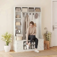 HOMCOM Hall Tree with Bench and Shoe Storage, Entryway Bench with Coat Rack, 12 Shelves, 2 Cabinets, 5 Hooks, White Wood Grain(m-9)