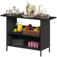Outsunny Wicker Outdoor Bar Table, PE Rattan Bar Height Patio Table with 2 Shelves, Steel Frame for Garden, Backyard, Black(m-2)