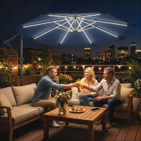 Outsunny 10 ft Offset Patio Umbrella with Solar Light, Garden Hanging Parasol with 360° Rotation, Tilt, Cover, Navy Blue(m-1)