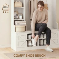 HOMCOM Hall Tree with Bench and Shoe Storage, Entryway Bench with Coat Rack, 12 Shelves, 2 Cabinets, 5 Hooks, White Wood Grain(m-6)