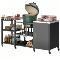 Outsunny Grill Table for Big Green Egg Grill, Heavy Duty Metal BBQ Prep Table with Stainless Steel Top and Storage Cabinet, Black
