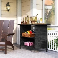 Outsunny Wicker Outdoor Bar Table, PE Rattan Bar Height Patio Table with 2 Shelves, Steel Frame for Garden, Backyard, Black(m-7)