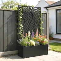 Outsunny Metal Planter Box with Trellis, 44.5" Raised Garden Bed with Trellis Privacy Screen for Climbing Plants(m-10)