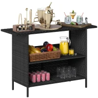 Outsunny Wicker Outdoor Bar Table, PE Rattan Bar Height Patio Table with 2 Shelves, Steel Frame for Garden, Backyard, Black(m-11)
