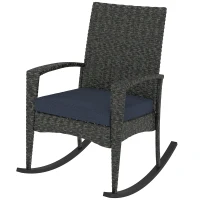 Outsunny Outdoor Rocking Chair, Patio Wicker Chair Removable Cushion, High Back and Armrests for Porch Balcony, Navy Blue(m-2)
