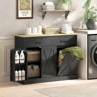 HOMCOM 7 Gallon Tilt Out Garbage Cabinet, Kitchen Island with Charging Station, 2 Drawers, 4 Door Racks, Black(m-10)