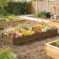 Outsunny 12 x 4 x 1ft Galvanized Raised Garden Bed, Reinforced Outdoor Planter Box with Open Bottom, Distressed Brown(m-1)