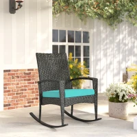 Outsunny Outdoor Rocking Chair, Patio Wicker Chair Removable Cushion, High Back and Armrests for Porch Balcony, Turquoise(m-9)