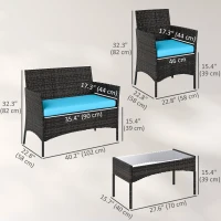Outsunny 4 Pieces Wicker Outdoor Balcony Furniture Set Rattan Patio Furniture Set with Loveseat Chairs Glass Coffee Table Turquoise(m-3)
