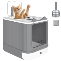PawHut Cat Litter Box with Lid, Enclosed Litter Box for Medium Cats, Front-Entry and Top-Exit, Scoop, Deodorizer Bag, White(m-11)