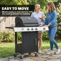 Outsunny 3 Burner Propane Gas Grill with Side Burner, 36,000 BTU BBQ Grill with Cast Iron Grates, Wheels, Warming Rack, Cabinet(m-9)