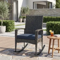 Outsunny Outdoor Rocking Chair, Patio Wicker Chair Removable Cushion, High Back and Armrests for Porch Balcony, Navy Blue(m-10)