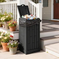 Outsunny 29 Gallon Outdoor Garbage Bin with Dual Lid, Plastic Outdoor Waste Trash Can with Side Holder and Drip Tray, Black(m-1)