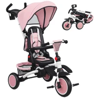 Qaba 6 in 1 Kids Tricycle with Adjustable Push Handle, Removable Canopy, Reversible Seat, for 1-5 Years, Pink(m-11)