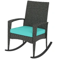 Outsunny Outdoor Rocking Chair, Patio Wicker Chair Removable Cushion, High Back and Armrests for Porch Balcony, Turquoise(m-2)