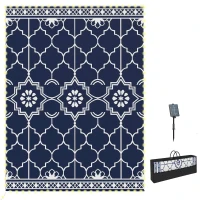 Outsunny Reversible Outdoor Rug Carpet with LED Lights, 12' x 9' PP Straw Rug with Carry Bag and Ground Stakes(m-11)