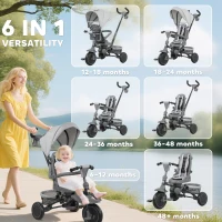 Qaba 6 in 1 Kids Tricycle with Adjustable Push Handle, Removable Canopy, Reversible Seat, for 1-5 Years, Gray(m-4)