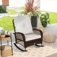 Outsunny Outdoor Wicker Rattan Rocking Chair Patio Rocker with Thick Cushions for Garden Backyard Porch, Light Mixed Brown(m-10)