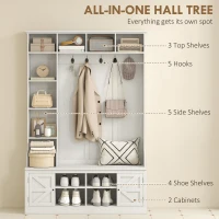 HOMCOM Hall Tree with Bench and Shoe Storage, Entryway Bench with Coat Rack, 12 Shelves, 2 Cabinets, 5 Hooks, White Wood Grain(m-4)