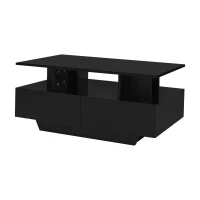 High-Gloss Coffee Table with LED Lighting and 2 Drawers, Versatile Centre Table with Open Storage, 35.5'' L x 21.5'' W x 16'' H, Black(m-2)