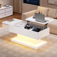Lift-Top Coffee Table with Sliding Extendable Desktop, Sleek Multi‑Use Table with USB/App-Controlled Lights, 39.5" L x 19.5" W x 17.5" H, White(m-1)