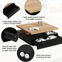 Square Rotating Coffee Table with 360° Rotating Tabletop, Durable Center Table for Livng or Reception Areas, 27.5'' L x 27.5'' W x 14'' H, Black(m-5)