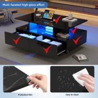 High-Gloss Coffee Table with LED Lighting and 2 Drawers, Versatile Centre Table with Open Storage, 35.5'' L x 21.5'' W x 16'' H, Black(m-6)